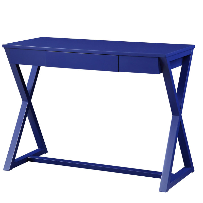 Bureau bleu spacieux avec une base en bois en forme de X et un plateau moderne au design crépuscule
