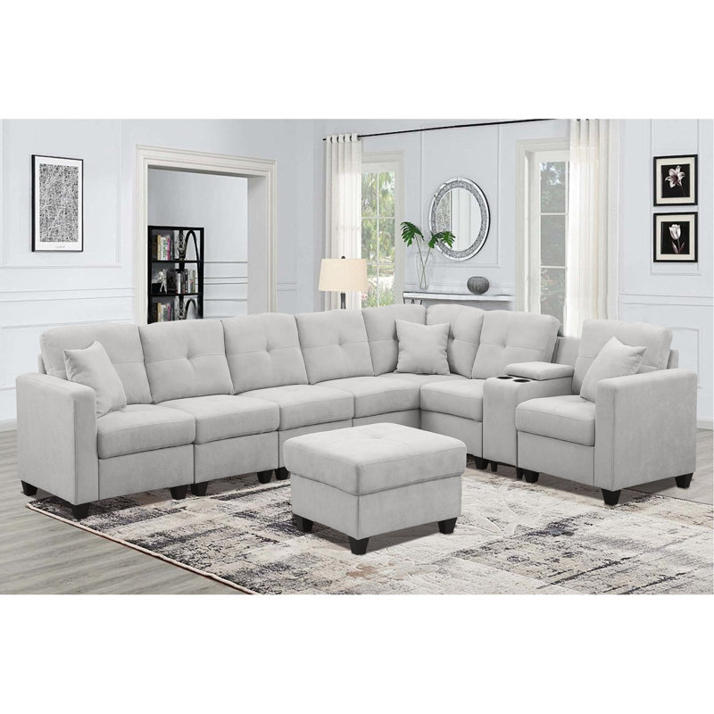 Canapé modulaire à 7 places en gris, microfibre veloutée, conception en peau, deux porte-gobelets et structure en bois massif, tissu en velours doux, coussins à haute densité, utilisation prolongée, supports, support