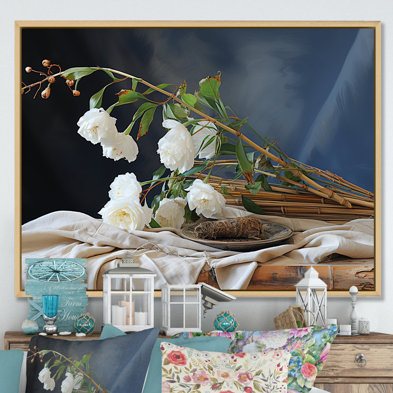 Bambou bouquet nature morte sur toile, Cadre naturel flottant, H 34 po x l 44 po x P 1,5 po