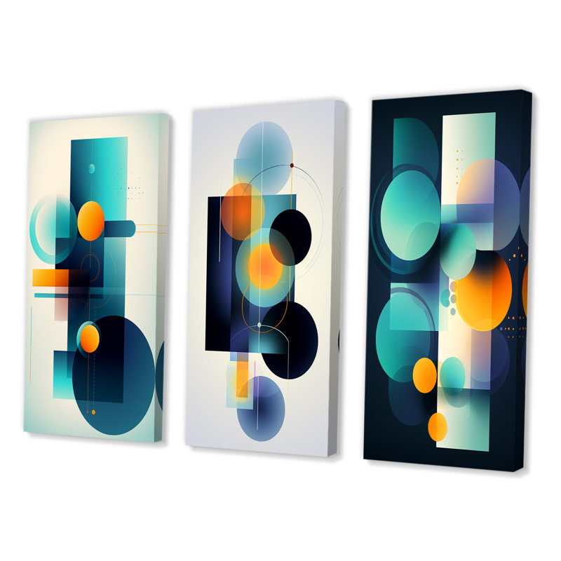 "Indépendante Curiosité rétro circulaire IV" 3 pièces, Toile tendue, H 20 po x l 36 po
