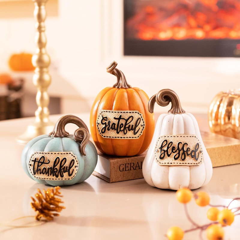Set of 3 Resin Pumpkin Decorations, 5" Fall & Thanksgiving Tabletop Décor for Home