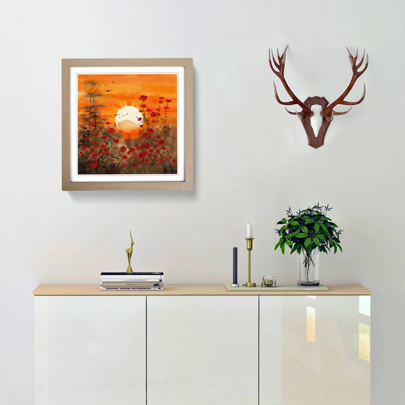 Japanese Sunset Floral No.1 - Single Picture Frame Print, Oak