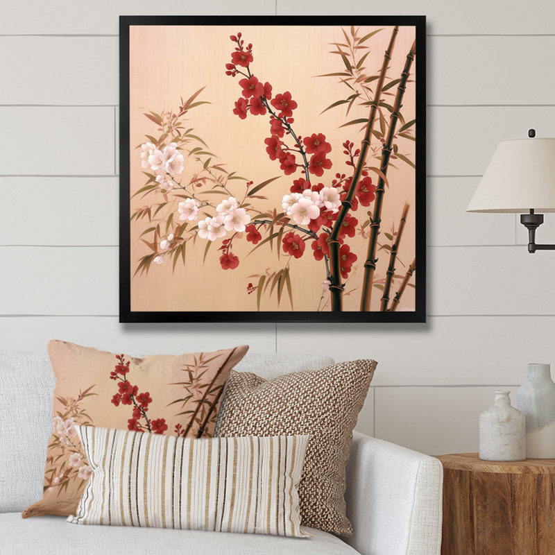 Bambou et fleurs de prunier II - Bambou, art mural, salon_106657, H 24 po x l 24 po x P 1 po, Cadre photo noir