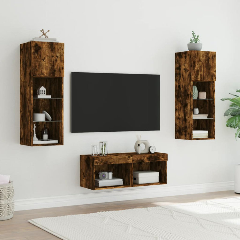  4 Piece TV Wall Cabinets With LED Lights, Smoked Oak