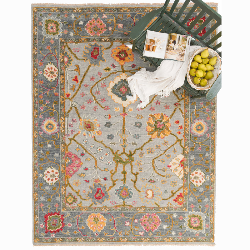 Elan Hand Knotted Wool Oriental Area Rug in Blue, Rectangle 5' x 8'