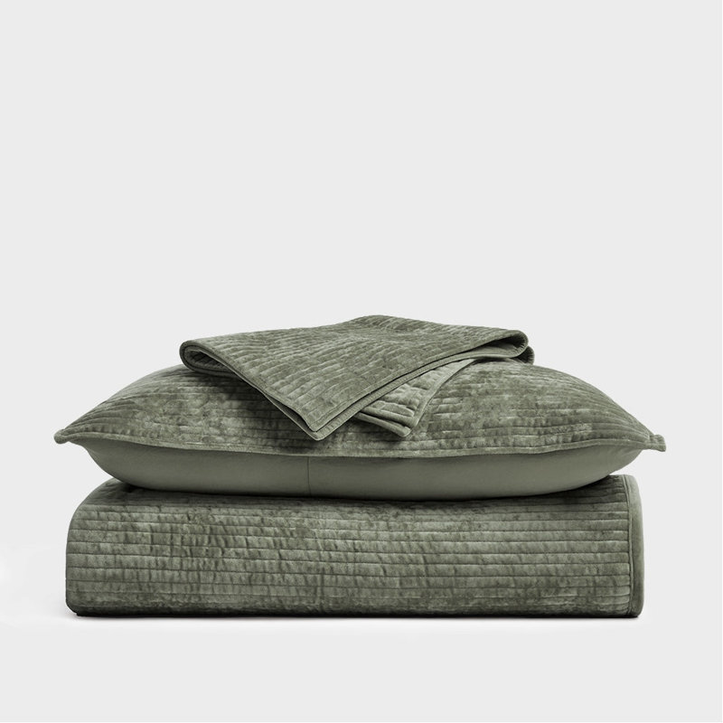 Striped Channel Velvet Quilt Set, Queen, Dried Thyme