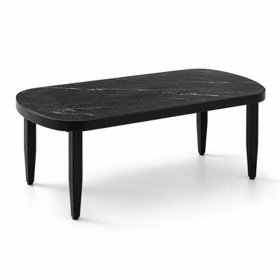 Modern Outdoor Coffee Table with Marble-Inspired Sintered Stone Top and Aluminum Frame - Weatherproof, Rust-Free, Rounded Corners, Tapered Legs, Adjustable Foot Pads, Scratch-Resistant
