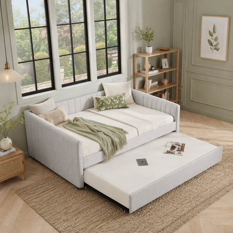 Daybed With Trundle Upholstered Sofa Bed, With Vertical Stripes, Linen Fabric, Beige, Full/Double