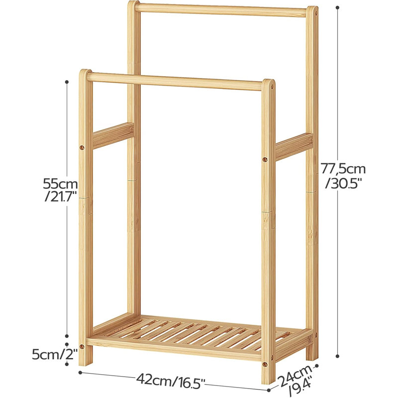 Porte-serviettes autoportant pour salle de bain, porte-couvertures décoratif en bambou à 2 niveaux, présentoir de courtepointe avec tablette de rangement