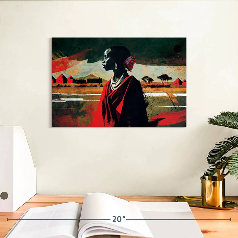 Ethnique africain en rouge sur toile, H 8 po x l 12 po x P 1 po