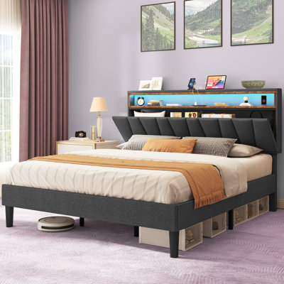 Branae Cushioned Flat Storage Bed with Storage Headboard and LED Lights, Cushioned Bed with Sockets and USB Ports