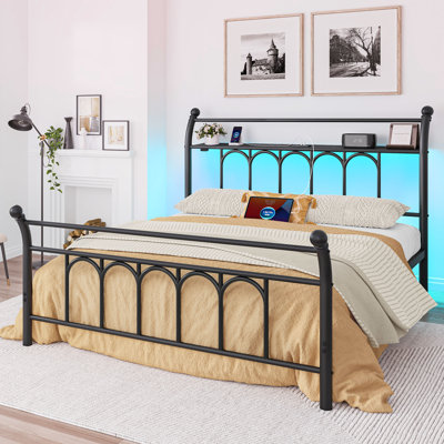 Bed Frame with Headboard and Underbed Storage, Sleigh Bed Frame with Power Outlets & LED Lights