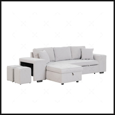 104.5 Inch Pull Out Sleeper Sofa, Reversible L-Shape 3 Seat Sectional Couch With Storage Chaise And 2 Stools For Living Room, Gray