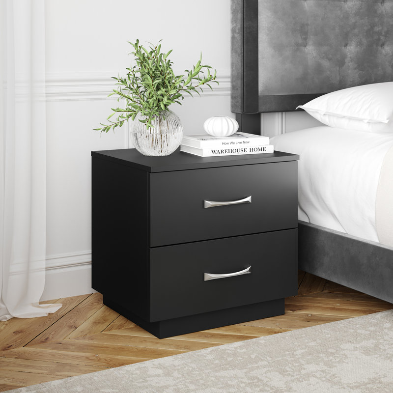 Sleep Hamilton Double Drawer Low Profile Nightstand, Black