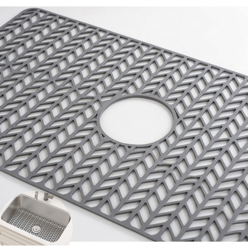 Tapis protecteur d'évier de cuisine 30 "x 16" en silicone avec trou de drain central pour éviers de ferme - Gris