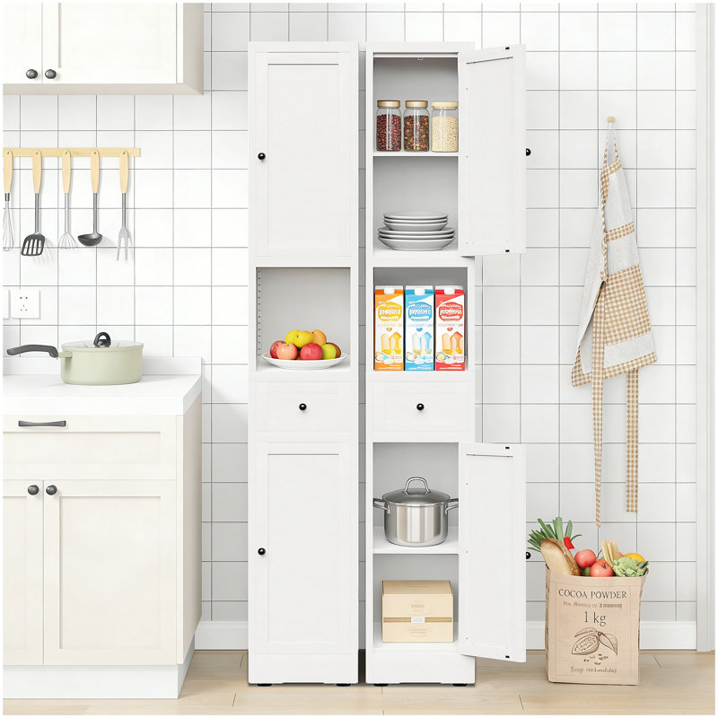 Armoire de rangement pour salle de bain de 71 pouces de hauteur, armoire étroite en métal à 5 niveaux avec 2 portes et tablettes réglables, armoire autoportante pour économiser de l'espace dans la cuisine, la salle de lavage, le garde-manger, blanc