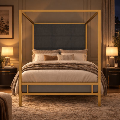 Carnahan Metal Canopy Bed with Tall Linen Upholstered Headboard, Box Spring Needed