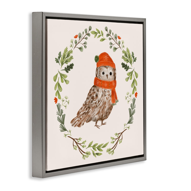 Art mural sur toile Holiday Holiday Owl Wreaf par Laura Konyndyk, H 25 po x l 25 po, Cadre flottant gris lustré