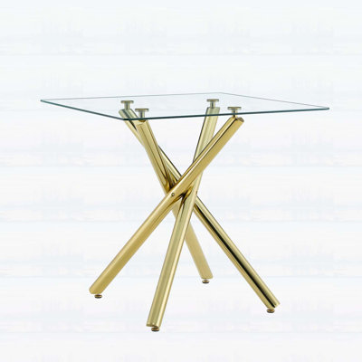 Table de bar moderne en or avec plateau en verre trempé, pieds en croix robustes pour la maison et la cuisine