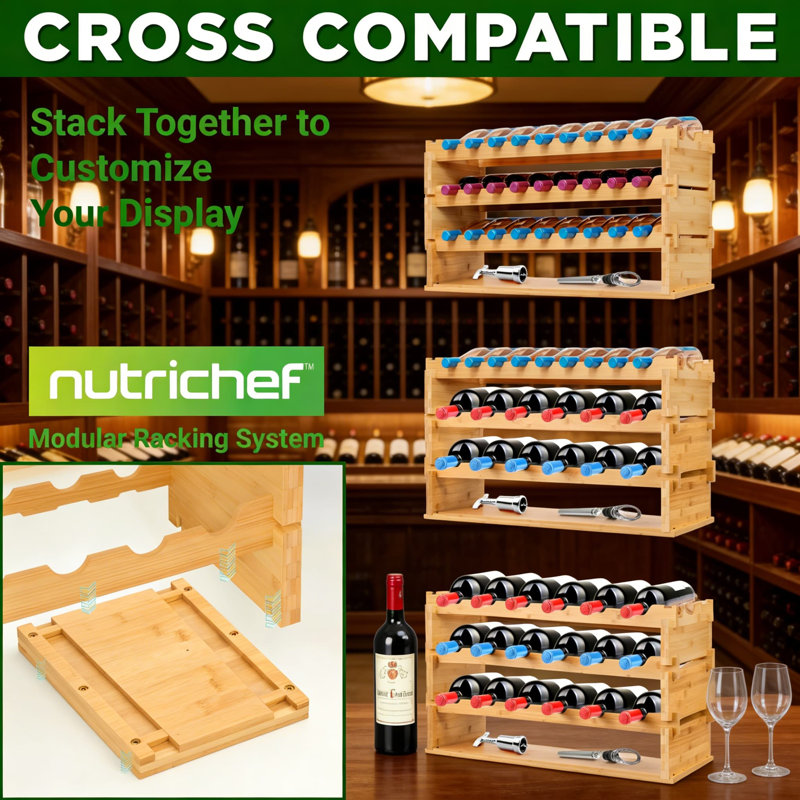 Support à vin empilable en bambou pour 108 bouteilles, étagère de rangement modulaire à 12 niveaux avec conception robuste améliorée, assemblage facile sans outil pour la cuisine, le bar ou la cave