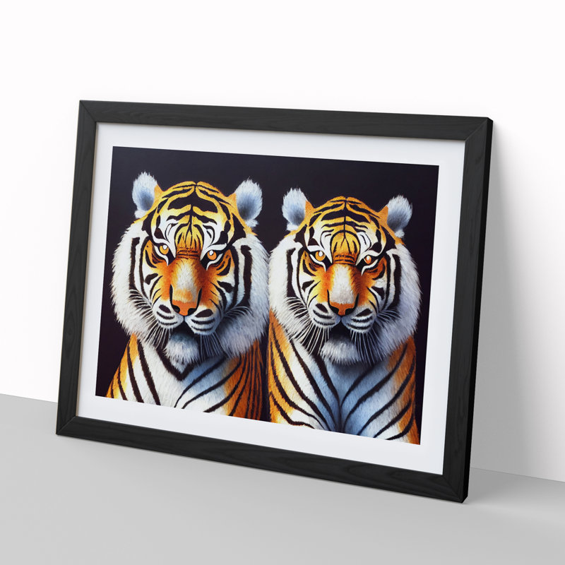 Symmetrical Tigers - Single Picture Frame Print, Black, 46cm H x 64cm W