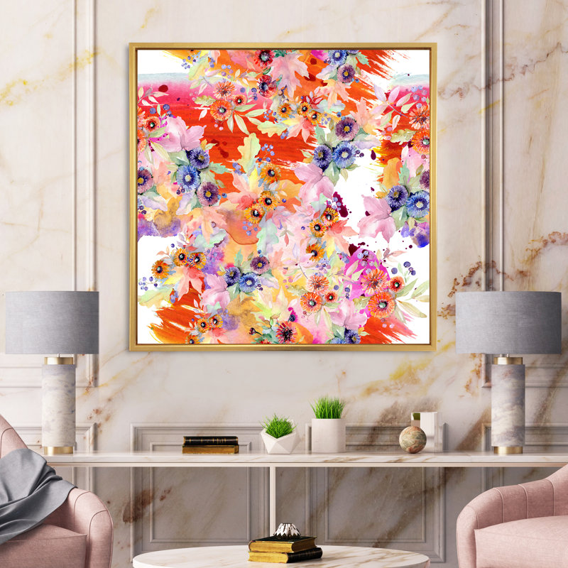 «Vibrant Wild Spring Leaves and Wildflowers VI», peinture sur toile, H 36 po x l 36 po x 1,5 po, Cadre flottant doré