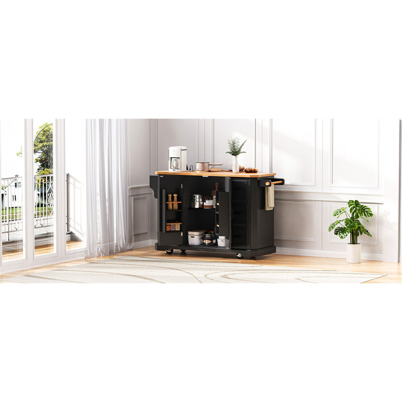 56 Inch Kitchen Island With Rubber Wood Veneer Drop Leaf, Black