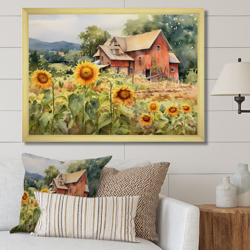 Tournesol doré à la ferme III - art mural floral, H 12 po x l 20 po x P 1 po, Encadrement doré