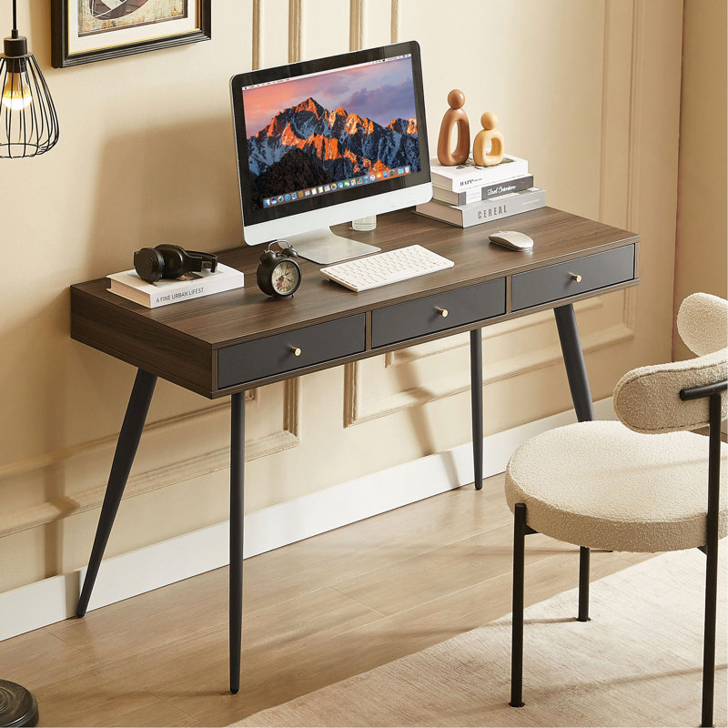 Bureau Mid-Century, bureau d'écriture moderne avec tiroirs, bureau d'ordinateur multifonctionnel noyer et gris foncé