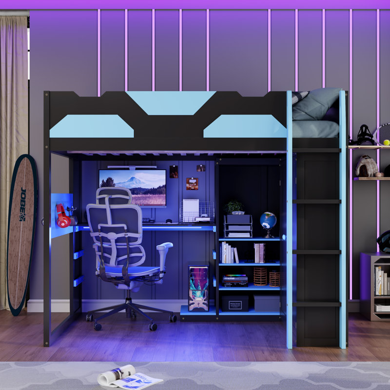 Full Size Wood Loft Bed with Desk, Multi-storage Shelves,USB and RGB Light, Cloud Blue, Blue