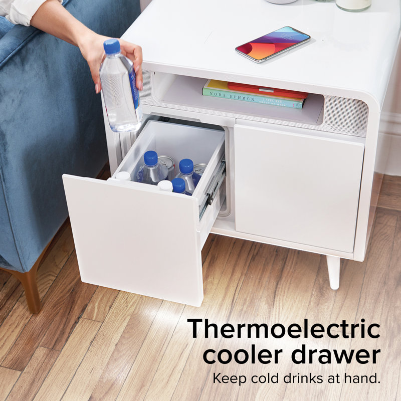 White Smart Side Table with Wireless Charging and Cooling Drawer