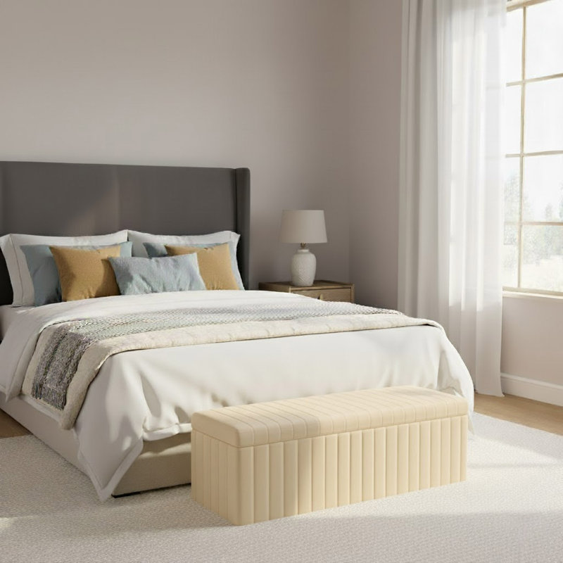 Lux Striped Wide Velvet Rectangle Solid Color Standard Ottoman Box with Storage, 40 cm H x 90 cm W x 42 cm D, Cream