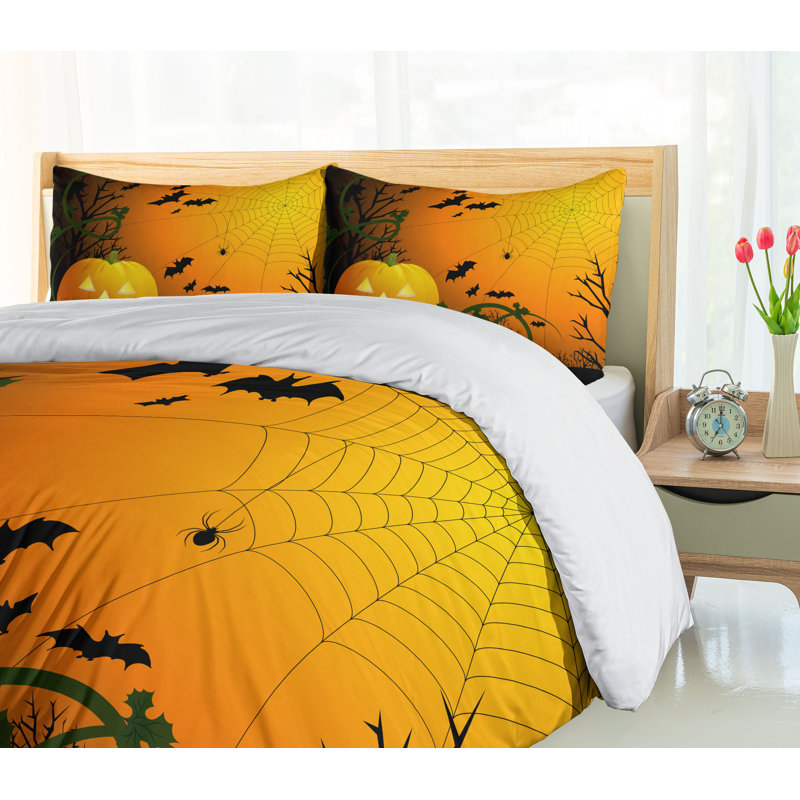 Halloween Pumpkin and Spider Web Queen Duvet Cover Set