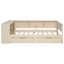 Lit plateforme simple en bois avec tablettes de rangement, tiroirs, station de charge et tête de lit tapissier, crème