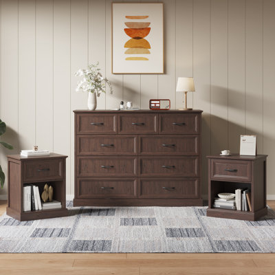 Ensemble de chambre à coucher 3 pièces - Commode 9 tiroirs et 2 tables de chevet avec tiroir