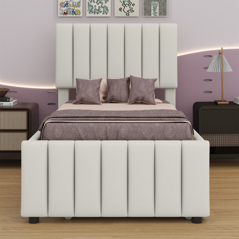 Lit simple avec lit gigogne escamotable et 3 tiroirs de rangement en dessous, lit plateforme simple tapissier en lin, Beige
