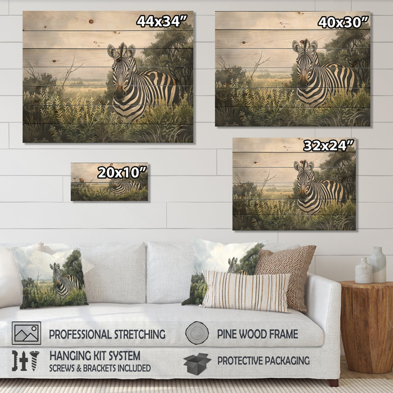Aquarelle Zebra Garden III - impression moderne en bois noir sur bois de pin naturel, H 10 po x l 20 po