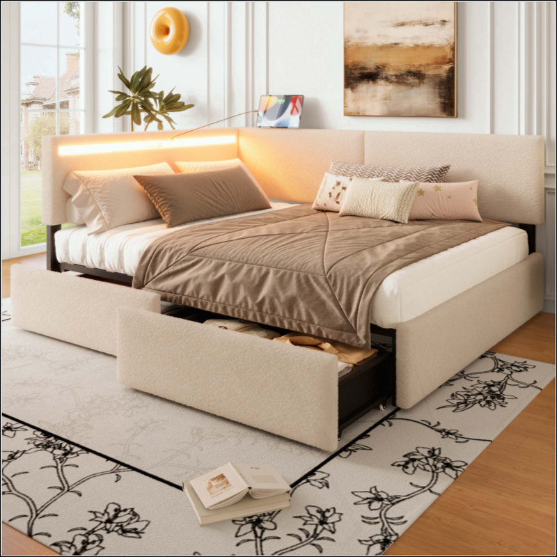  Structure de lit de jour de style Mid-Century rembourré avec tête de chargement USB intégrée, lit de jour rembourré en mousse touffetée, structure de lit multifonctionnelle compacte peu encombrante pouvant supporter 1 200 lb pour une chambre d'ado
