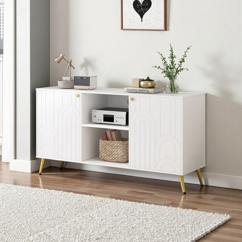 Meuble télé 55 po avec tablette réglable et 2 armoires, panneau de fibres à densité moyenne et structure en métal anti-basculement pour le salon
