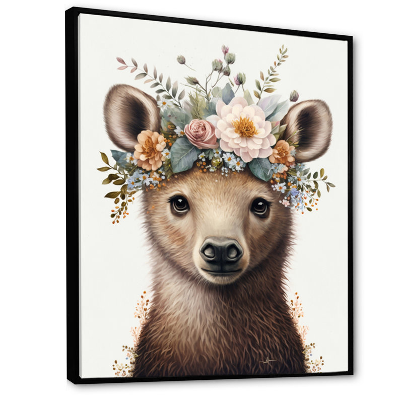 Mignon bébé ours avec couronne florale IV - animaux, art mural sur toile, L 16 po x H 32 po, Cadre flottant noir