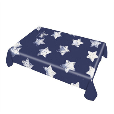 Navy Blue White Star Print Rectangular Tablecloth 60" x 120" Patriotic Celebrations