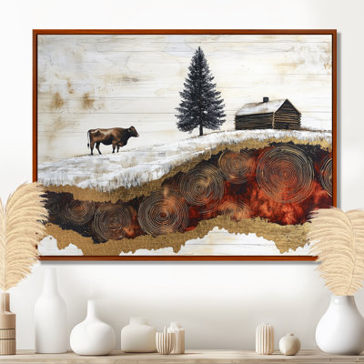 «Dontrae Winter Farm with Cow In The Field Landscape II - Farm», reproduction d'art sur toile encadrée