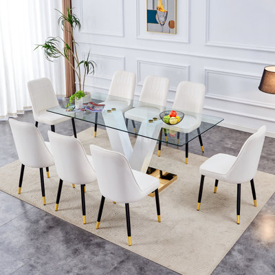 Ensemble de salle à manger moderne en verre transparent - 71 po x 35,4 po avec 8 chaises en PU