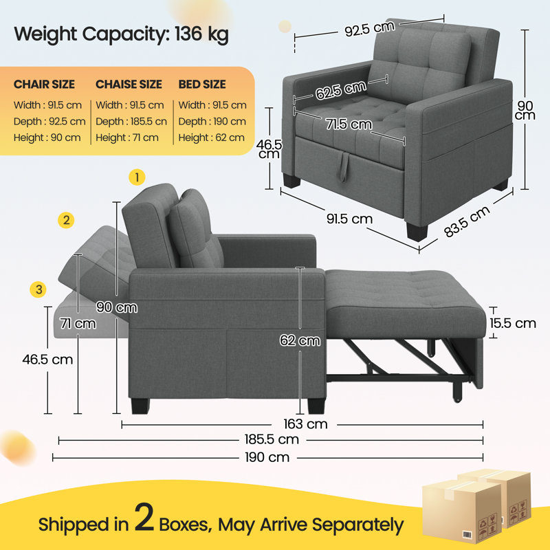 3-in-1 Convertible Sleeper Accent Chair Bed with Adjustable Backrest & Back Pillow, Light Grey