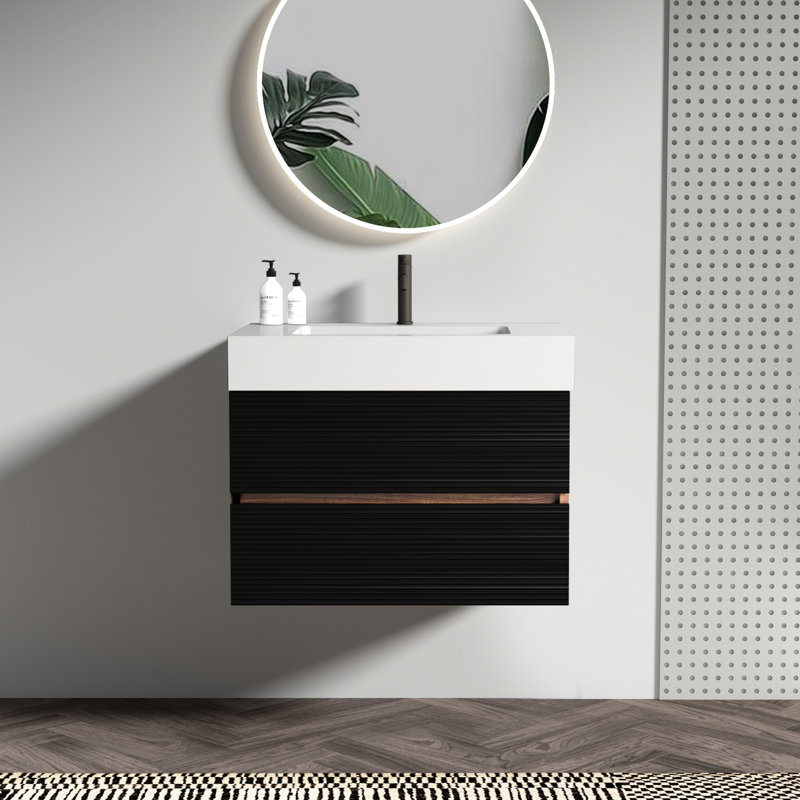 Meuble-lavabo de 30 pi pour salle de bain moderne, fixé au mur avec lavabo d'ingénierie et deux tiroirs noirs, conception unique - finition de qualité E0, lavabo blanc à fermeture en douceur et à fermeture en douceur, Mid Century E1