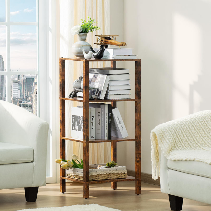 Tall 4-Tier Wooden Bookcase For Small Spaces - Industrial Book Shelf With Slim Design, Brown, 37.59" H x 15.75" W x 11.81" D