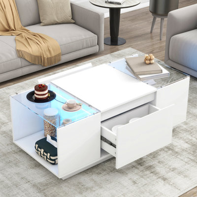 Led Coffee Table, Modern Center Table With High-Gloss Finish And Glass Tabletop, Coffee Table With Open Storage Compartment And 2 Hidden Drawers
