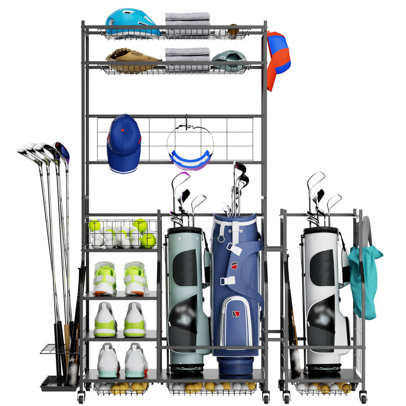 Organisateur de garage pour 3 sacs de golf, grand support de club de golf bricolable avec tablettes - noir + métal