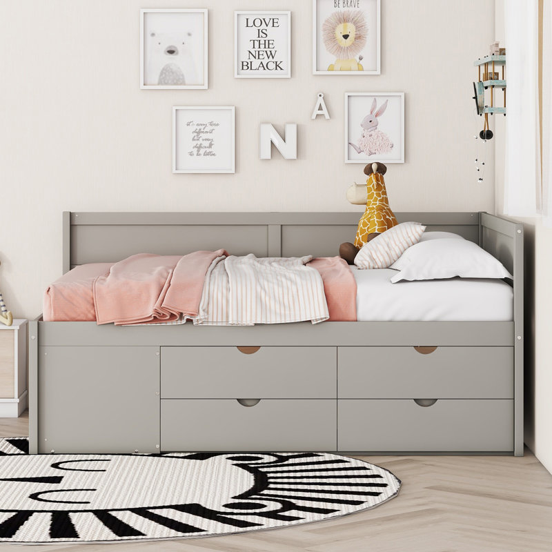 Daybed With Drawers And Shelves, Gray, Full