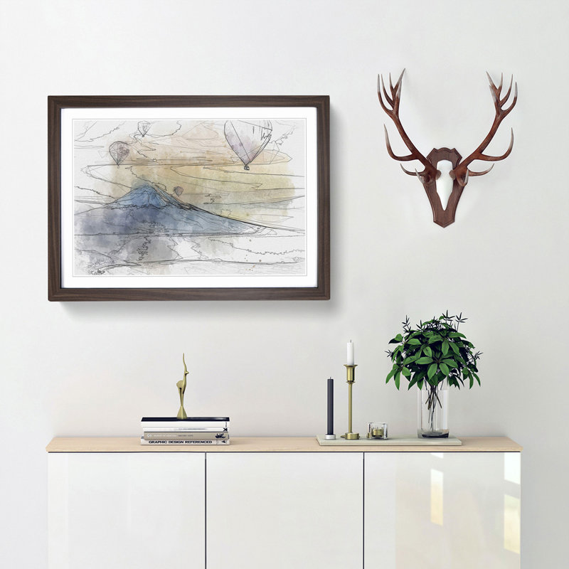 Hot Air Balloons Above Mount Fuji in Abstract - Picture Frame Graphic Art Print, 27cm H x 36cm W x 2cm D, Walnut Framed